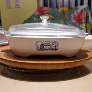 Corningware White Casserole Dish with Blue Design